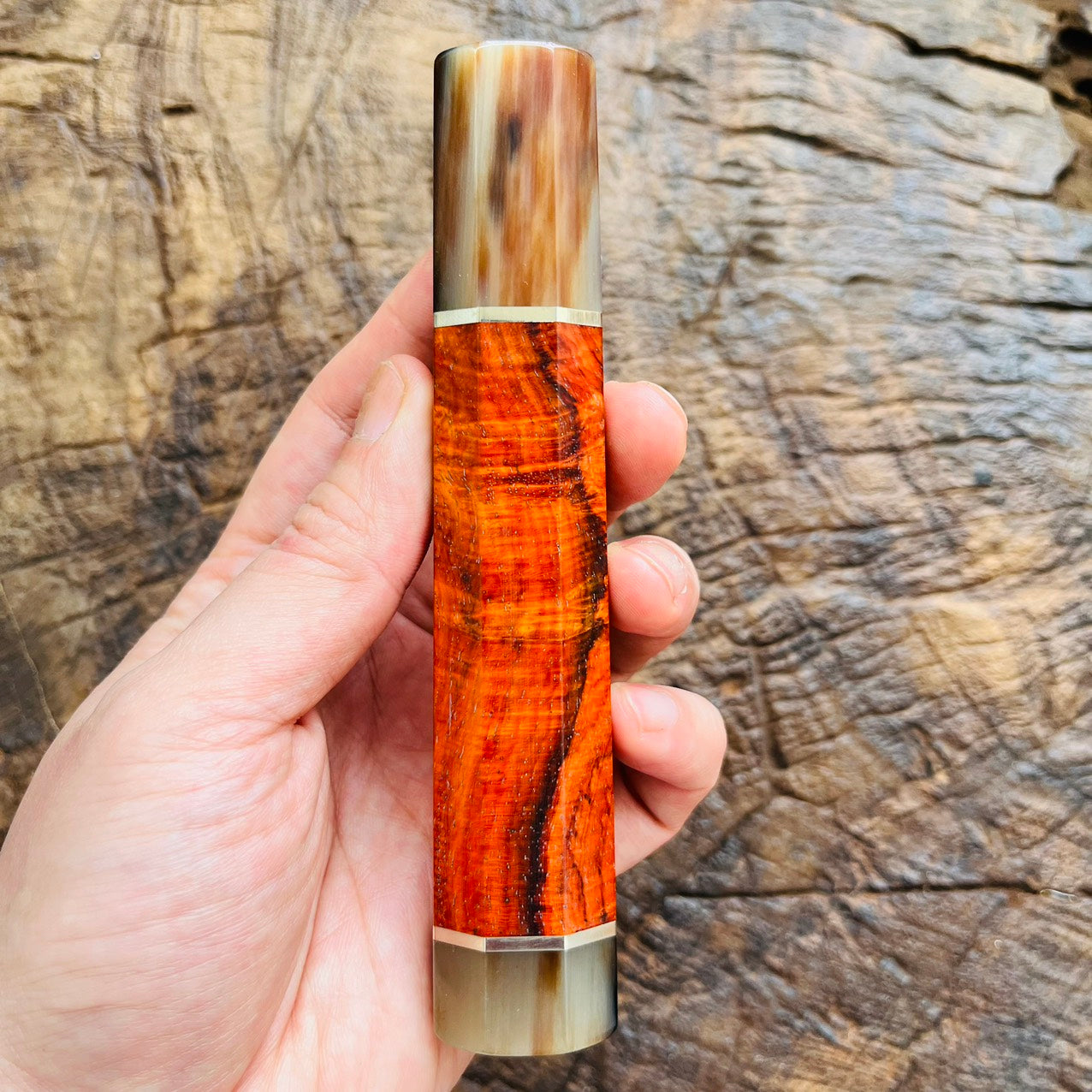 I- 4 Rare Orange Curly Siamese Rosewood Wa handle with marble horn ferrule, end cap and nickel ring - 140mm