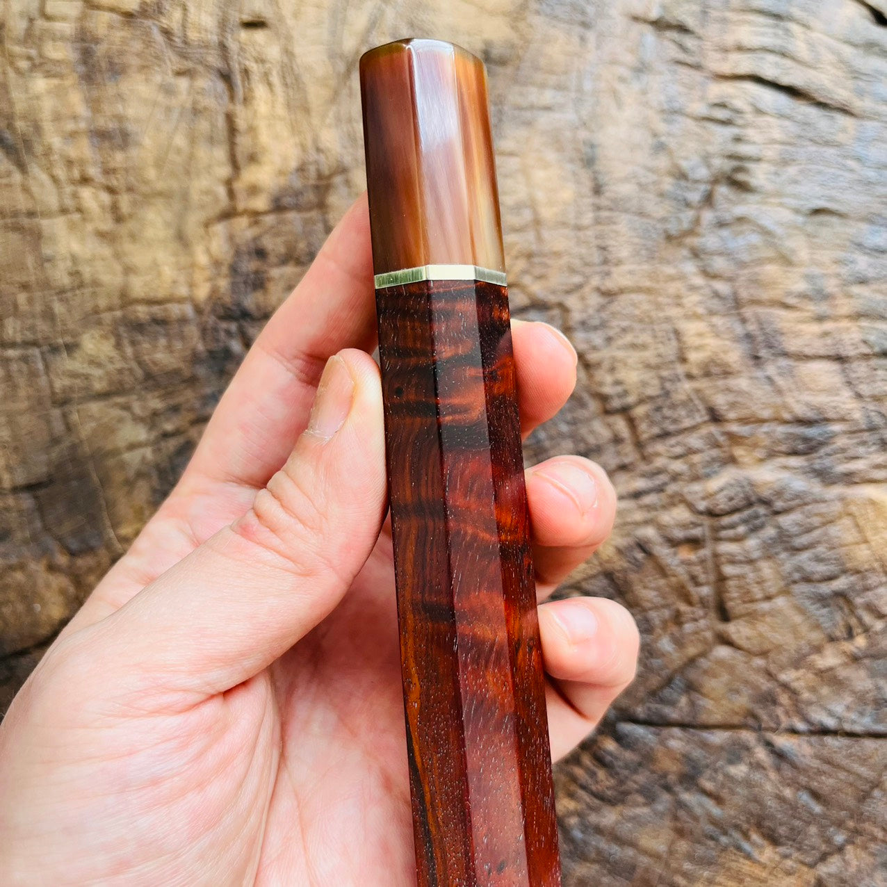 I- Curly Red Rosewood handle with marble and nickel ring - 135mm