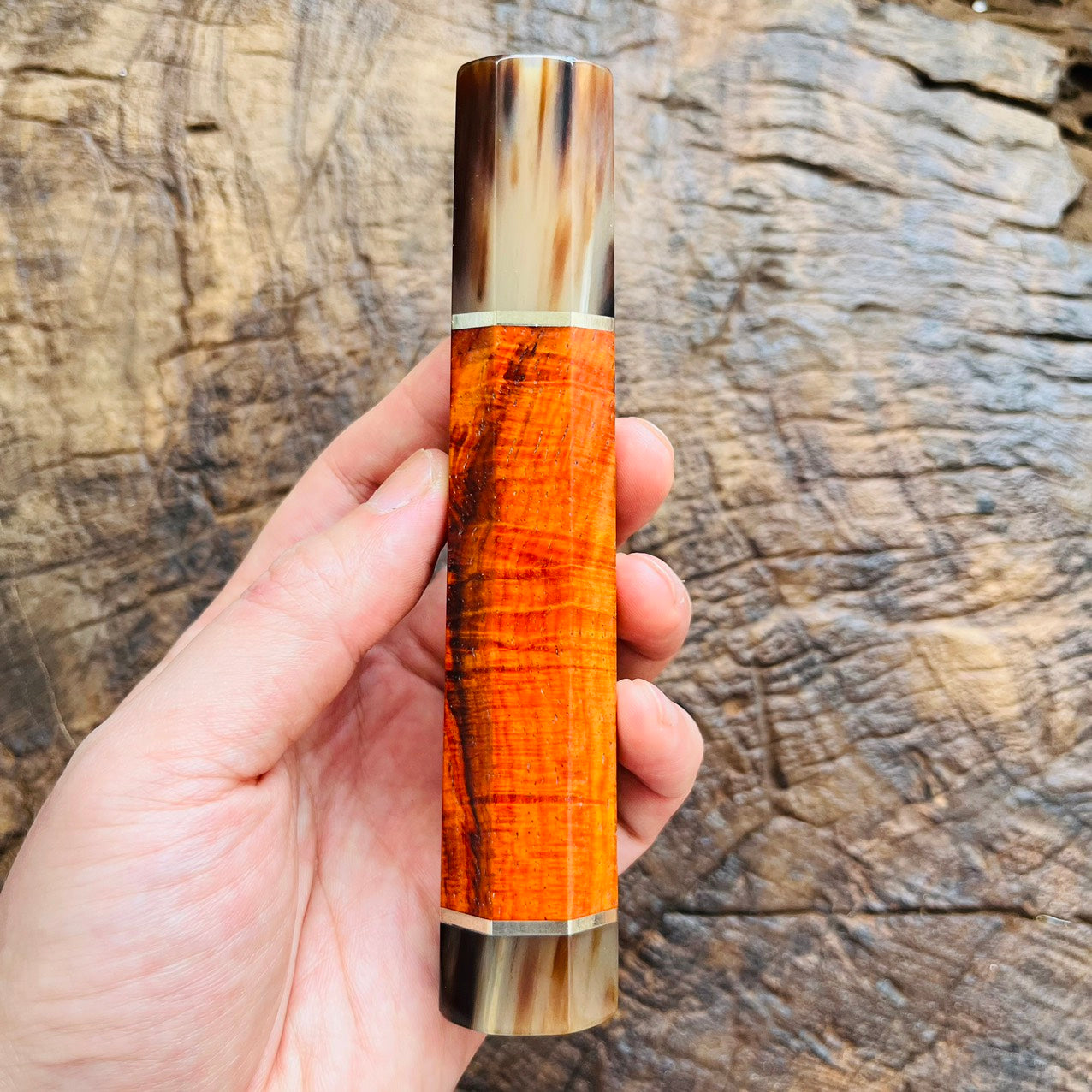 I- 4 Rare Orange Curly Siamese Rosewood Wa handle with marble horn ferrule, end cap and nickel ring - 140mm