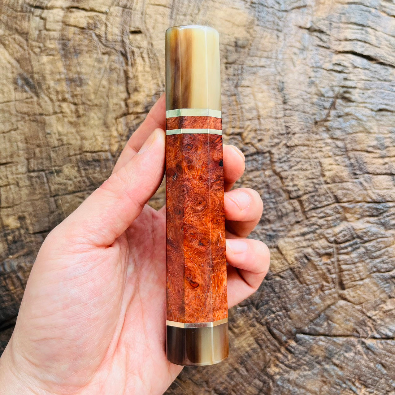 I- Burl Amboyna Wa handle with marble horn and nickel ring - 140mm