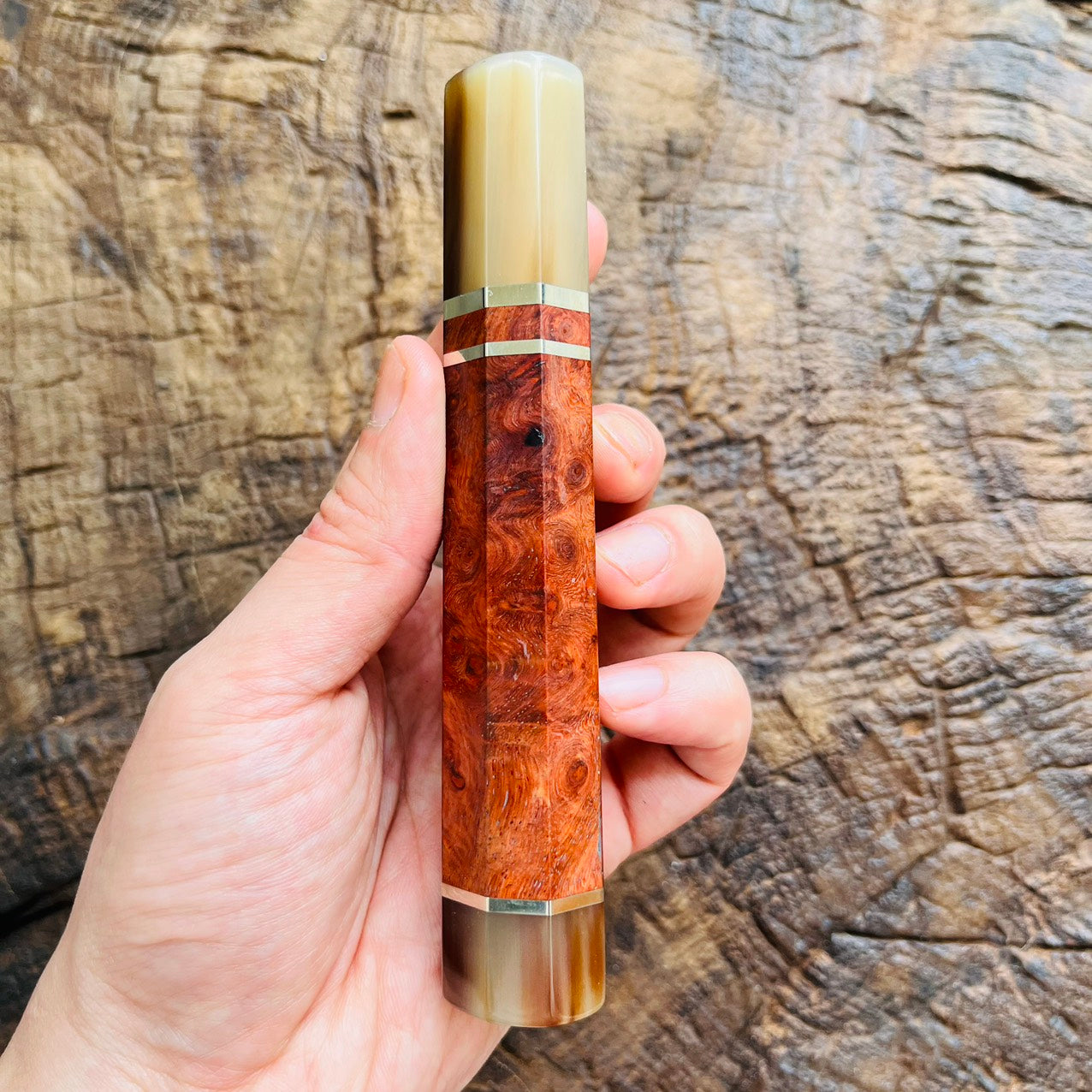 I- Burl Amboyna Wa handle with marble horn and nickel ring - 140mm