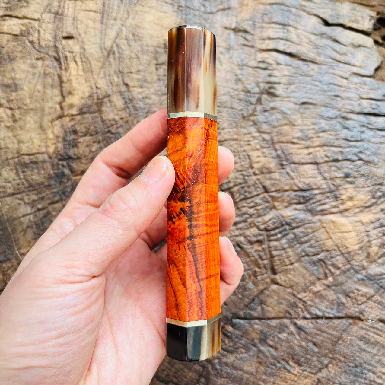 I- 4 Rare Orange Curly Siamese Rosewood Wa handle with marble horn ferrule, end cap and nickel ring - 140mm
