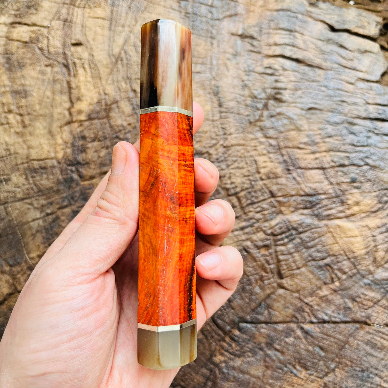 I- 4 Rare Orange Curly Siamese Rosewood Wa handle with marble horn ferrule, end cap and nickel ring - 140mm