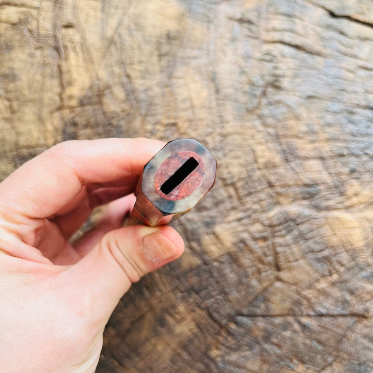I- 4 Rare Orange Curly Siamese Rosewood Wa handle with marble horn ferrule, end cap and nickel ring - 140mm