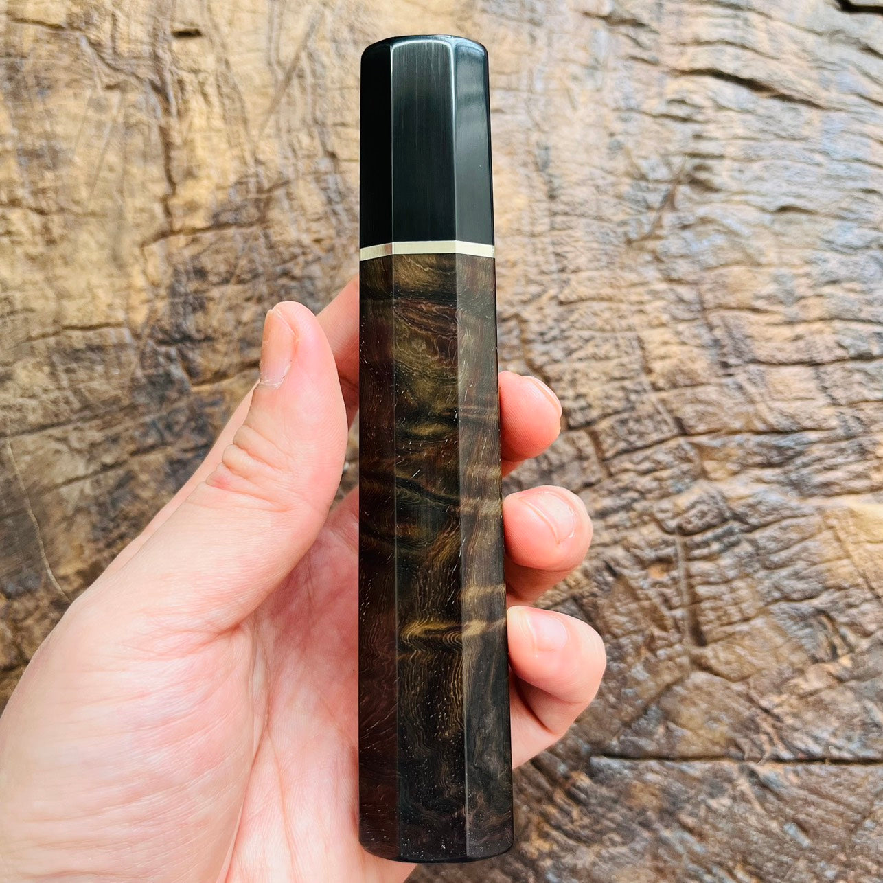 I- RARE Curly Black Rosewood Wa handle with marble horn and nickel ring - 140mm