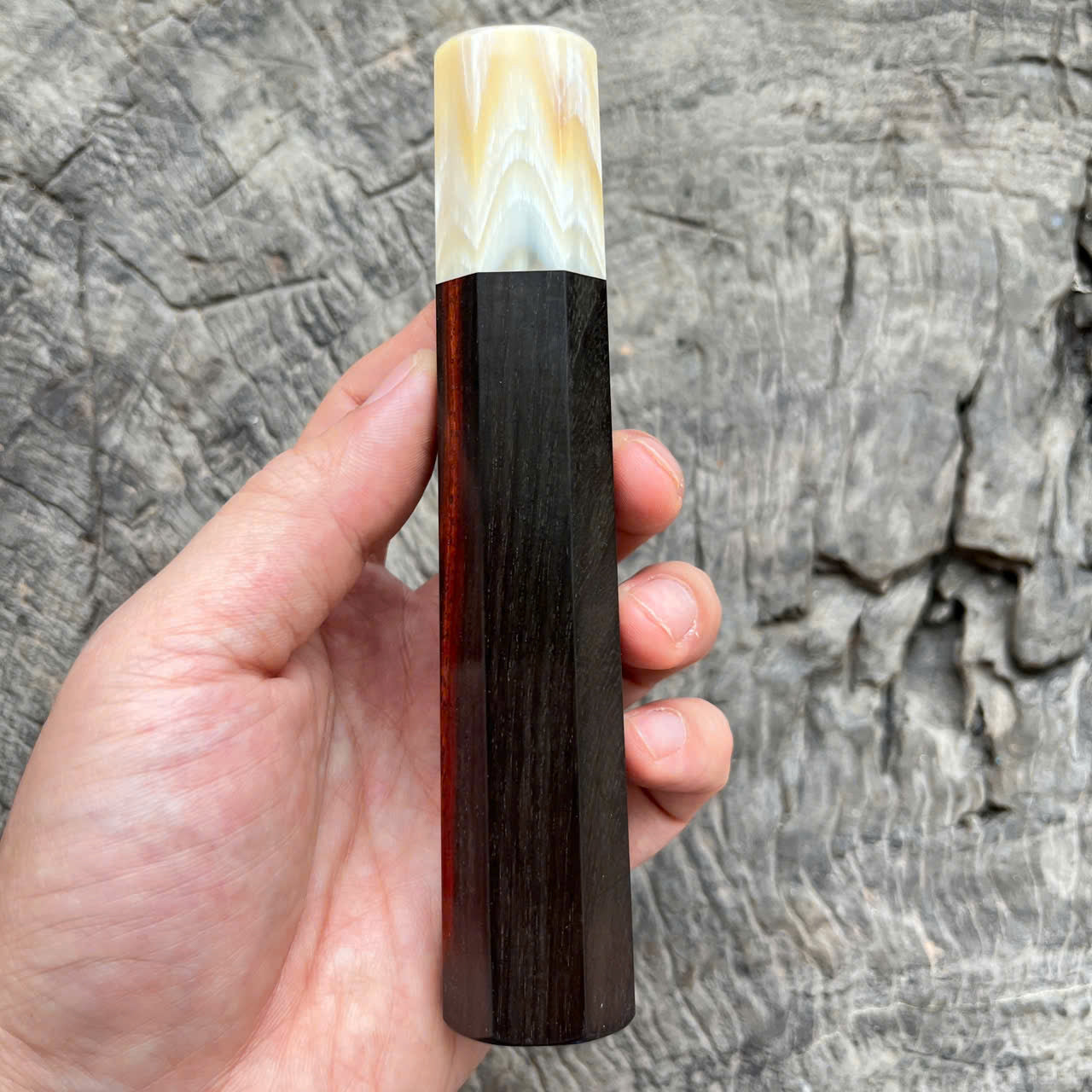 I - Rare Curly Black Siam Rosewood Wa handle, Marble Cream Horn Ferrule, - 145mm