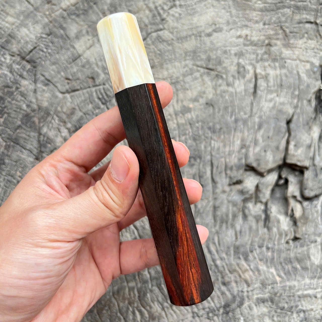 I - Rare Curly Black Siam Rosewood Wa handle, Marble Cream Horn Ferrule, - 145mm