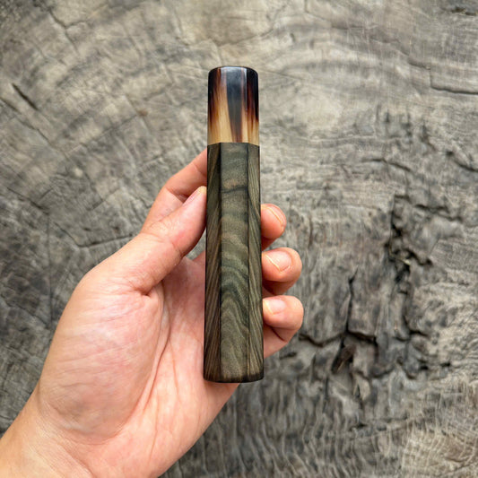 I- 2 Macassar bony Wa handle with grain running horizontally like ocean waves, Marble horn ferrule , 135 mm knife handle