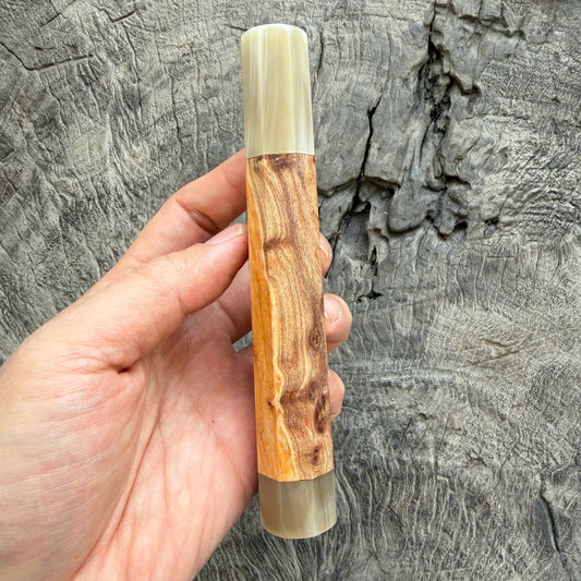 I - Two Tone Viet Cedar Burl Wa handle, Ivory Horn Ferrule & End cap - 140 mm