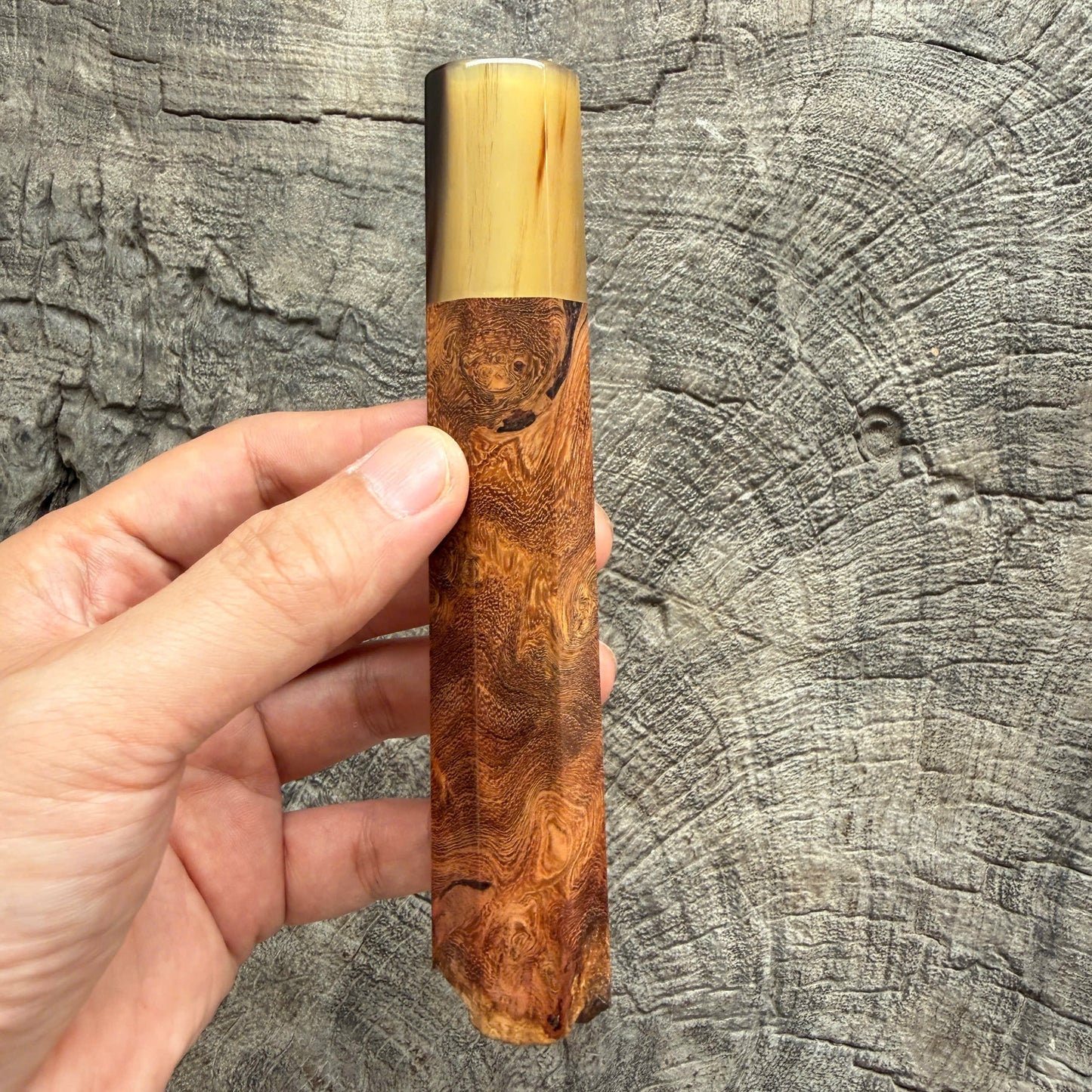 I - Live Edge Laos Ironwood Burl Wa handle, Marble Horn ferrule - 145 mm