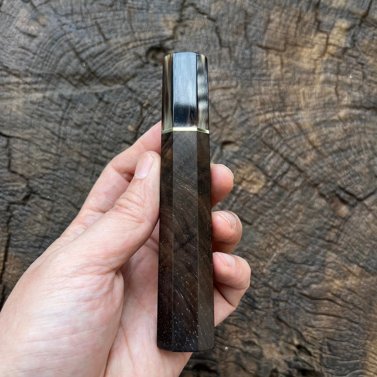I- Curly Black Siamese Rosewood Wa handle with marble horn ferrule and nickel spacer - 125mm