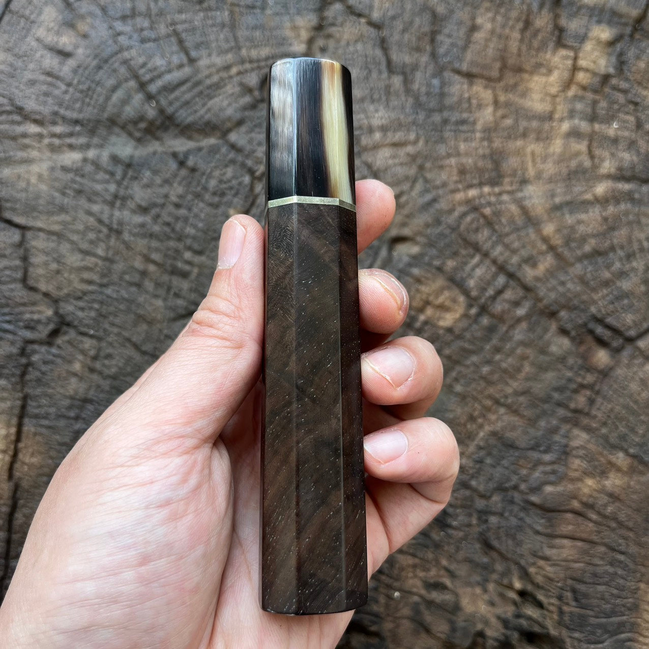 I- Curly Black Siamese Rosewood Wa handle with marble horn ferrule and nickel spacer - 125mm