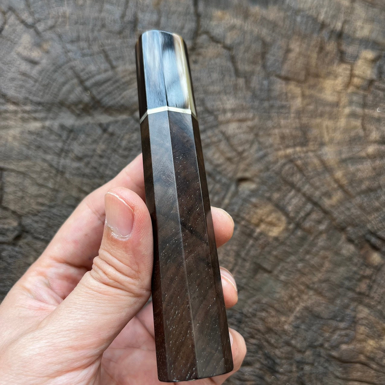 I- Curly Black Siamese Rosewood Wa handle with marble horn ferrule and nickel spacer - 125mm