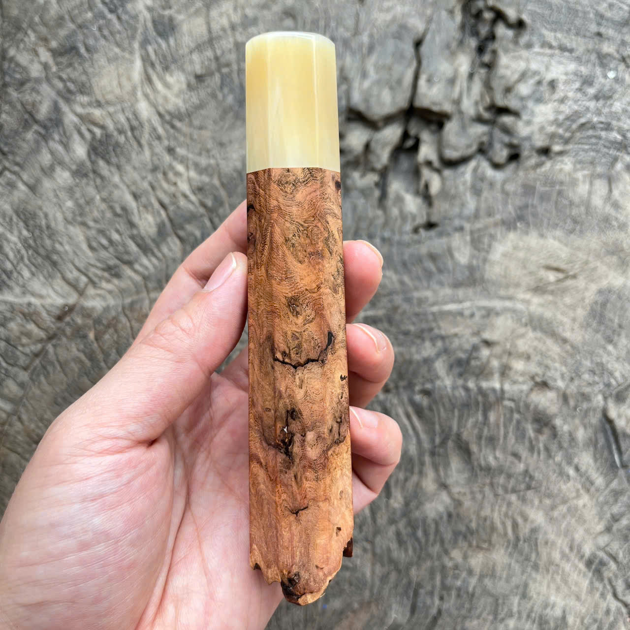 I - Live Edge Viet Ironwood burl Wa handle, White horn ferrule- 145mm