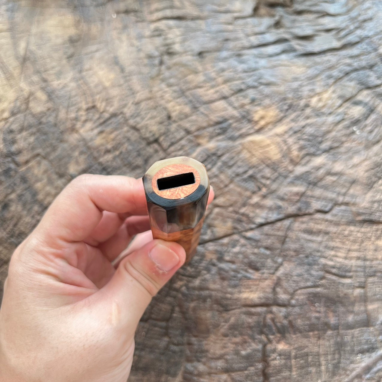 I- Golden Amboyna Burl Wa handle with marble horn ferrule and end cap 145mm