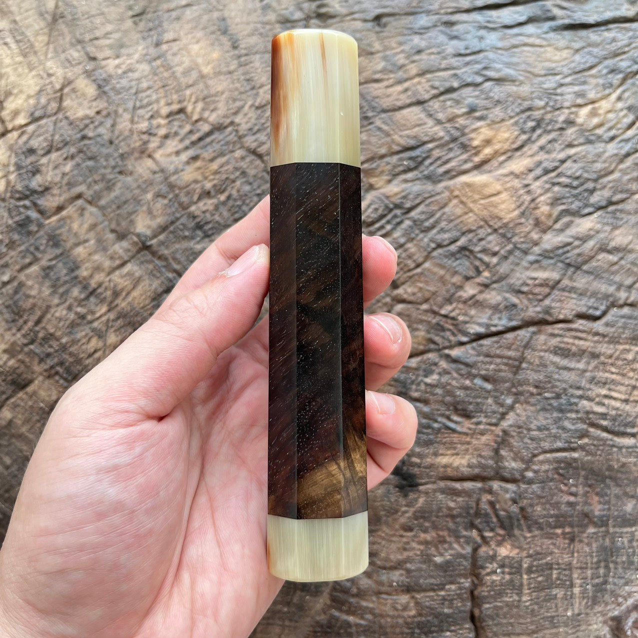 I- Rare Curly Black Burl Siam Rosewood Wa handle with marble horn 145mm