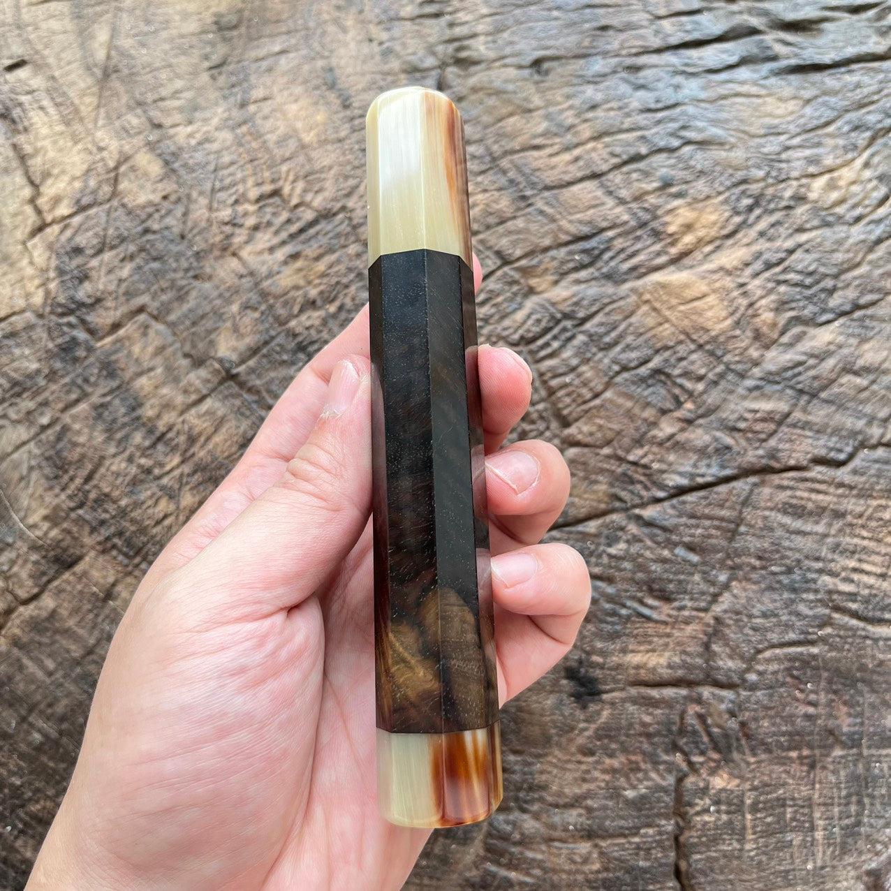 I- Rare Curly Black Burl Siam Rosewood Wa handle with marble horn 145mm