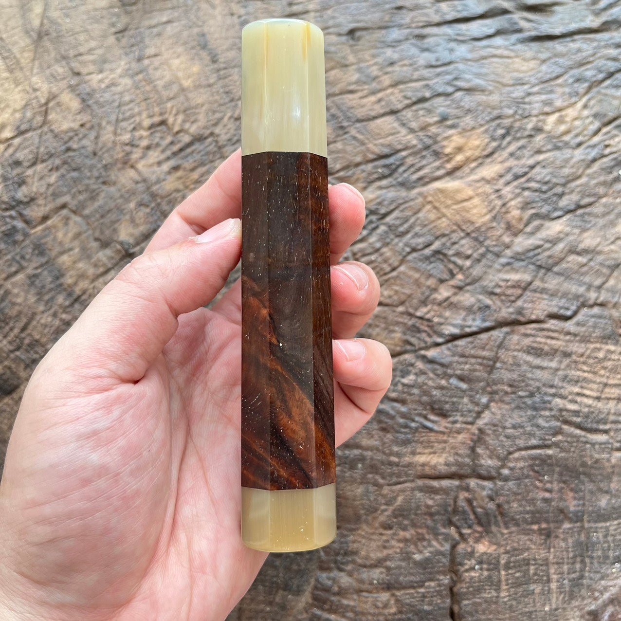 I- 14 Curly Red Siamese Rosewood Wa handle with marble horn ferrule and end cap - 140mm (Copy)
