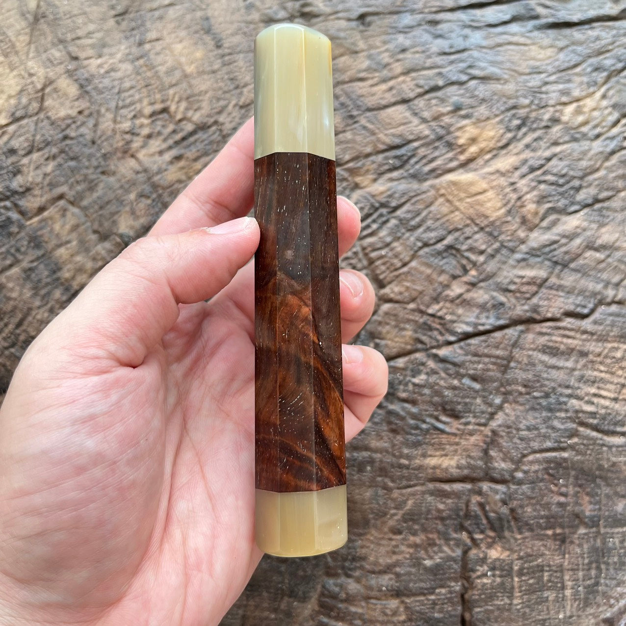 I- 14 Curly Red Siamese Rosewood Wa handle with marble horn ferrule and end cap - 140mm (Copy)