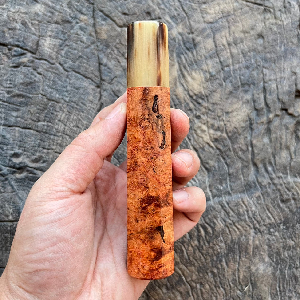 I- 10 Amboyna burl Wa handle with marble horn ferrule - 135mm