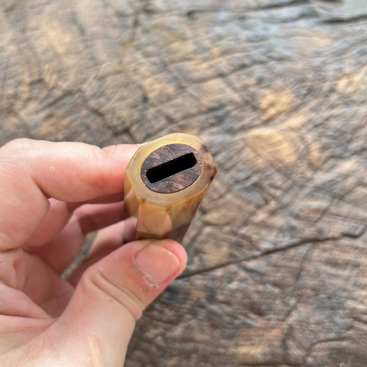 I- 14 Curly Red Siamese Rosewood Wa handle with marble horn ferrule and end cap - 140mm (Copy)
