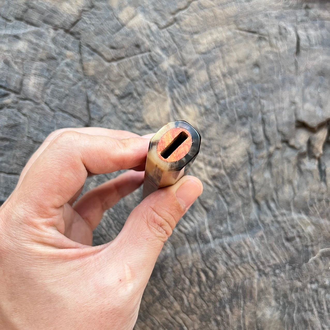 I- 10 Amboyna burl Wa handle with marble horn ferrule - 135mm