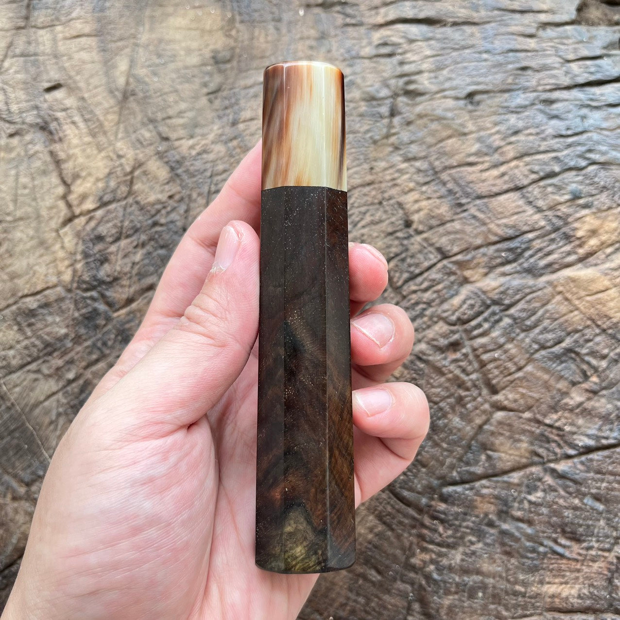 I - 2 Rare Burl Curly Siam Rosewood Wa handle with marble horn - 130mm