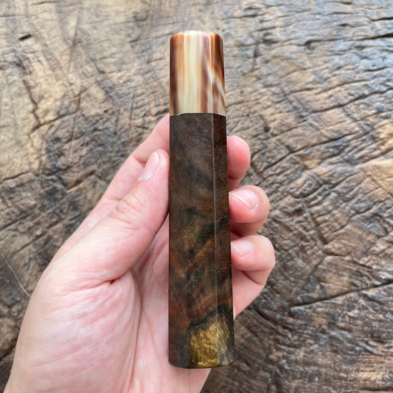 I - 2 Rare Burl Curly Siam Rosewood Wa handle with marble horn - 130mm