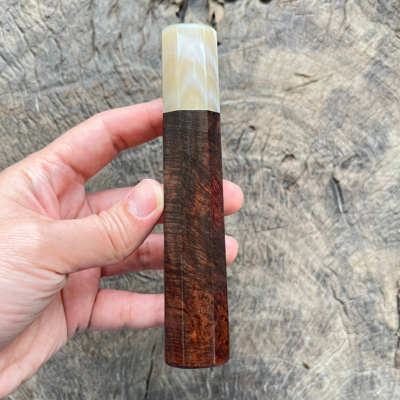 I - Rare Curly Burl Rosewood wa handle with marble horn- 140mm