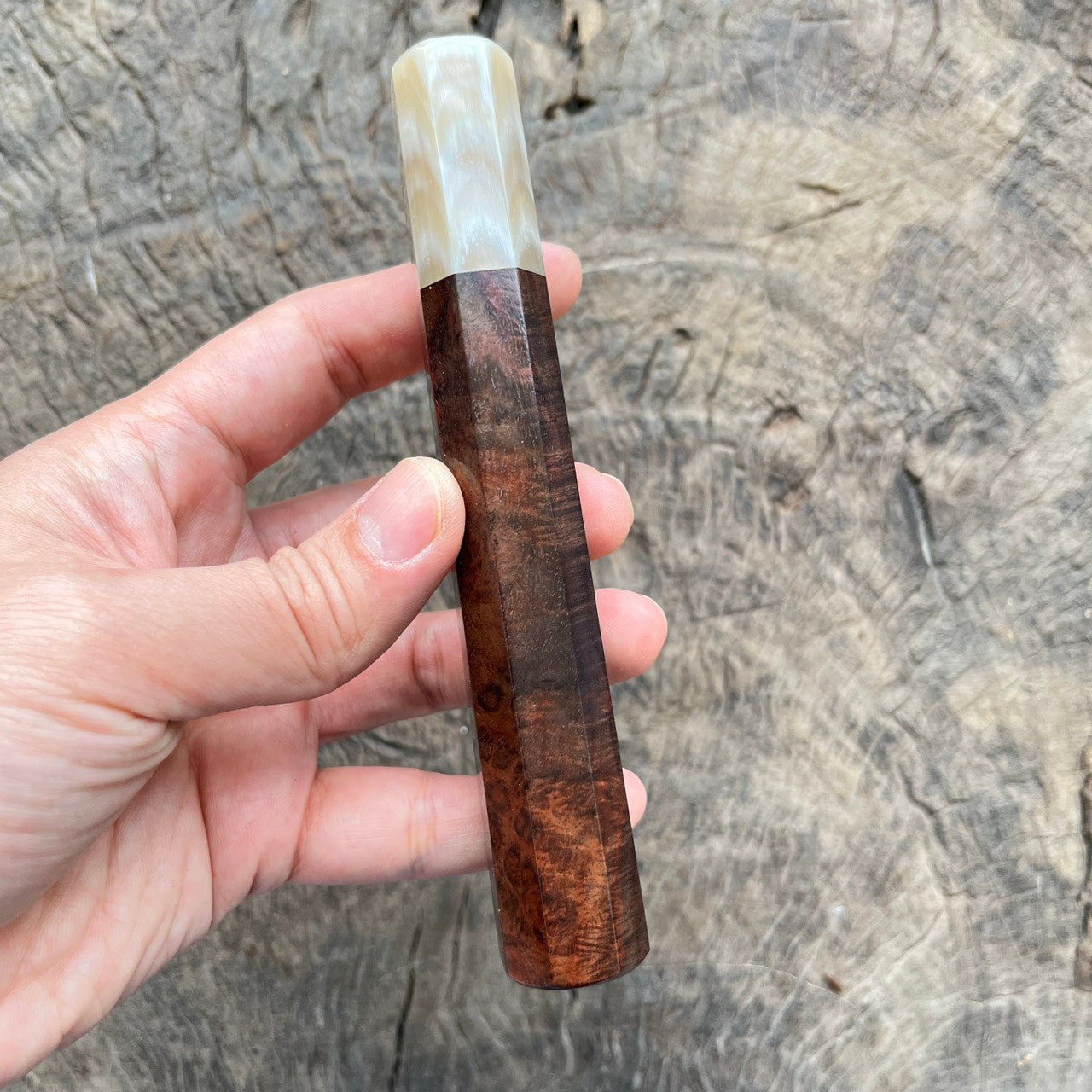I - Rare Curly Burl Rosewood wa handle with marble horn- 140mm
