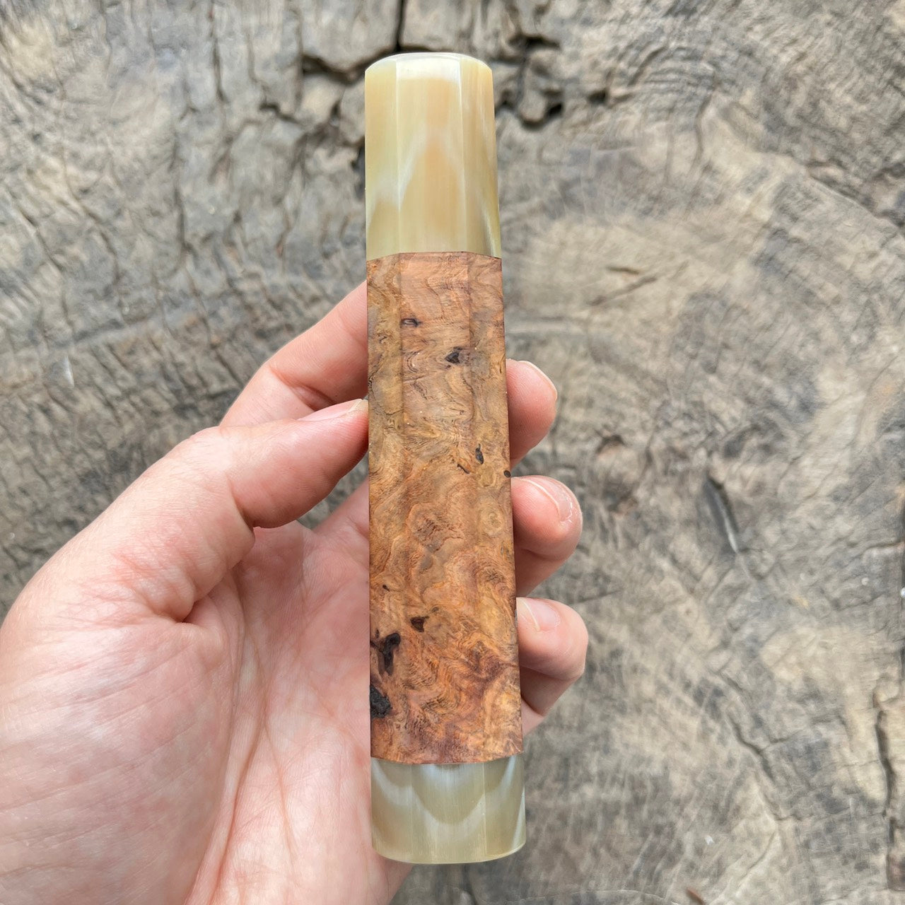 I - Viet Iron Wood Burl wa handle with marble horn ferrule and end cap- 140mm