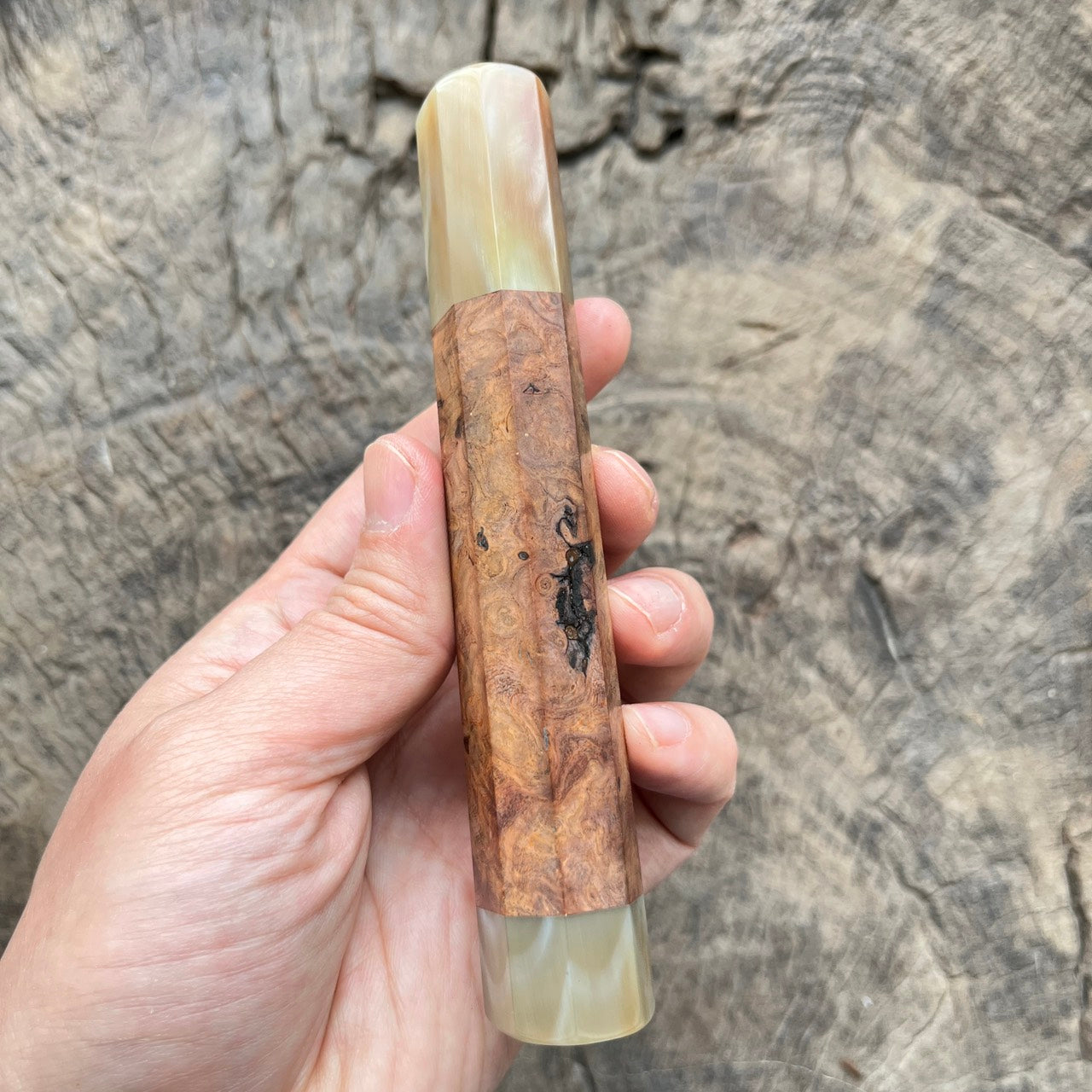I - Viet Iron Wood Burl wa handle with marble horn ferrule and end cap- 140mm