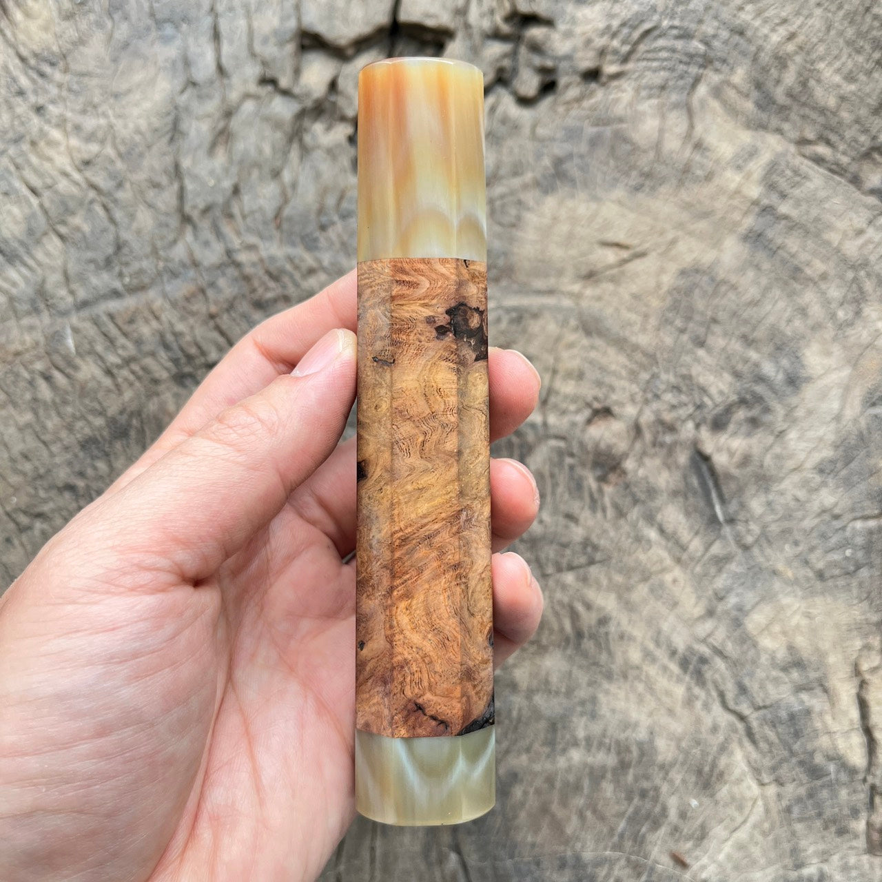 I - Viet Iron Wood Burl wa handle with marble horn ferrule and end cap- 140mm