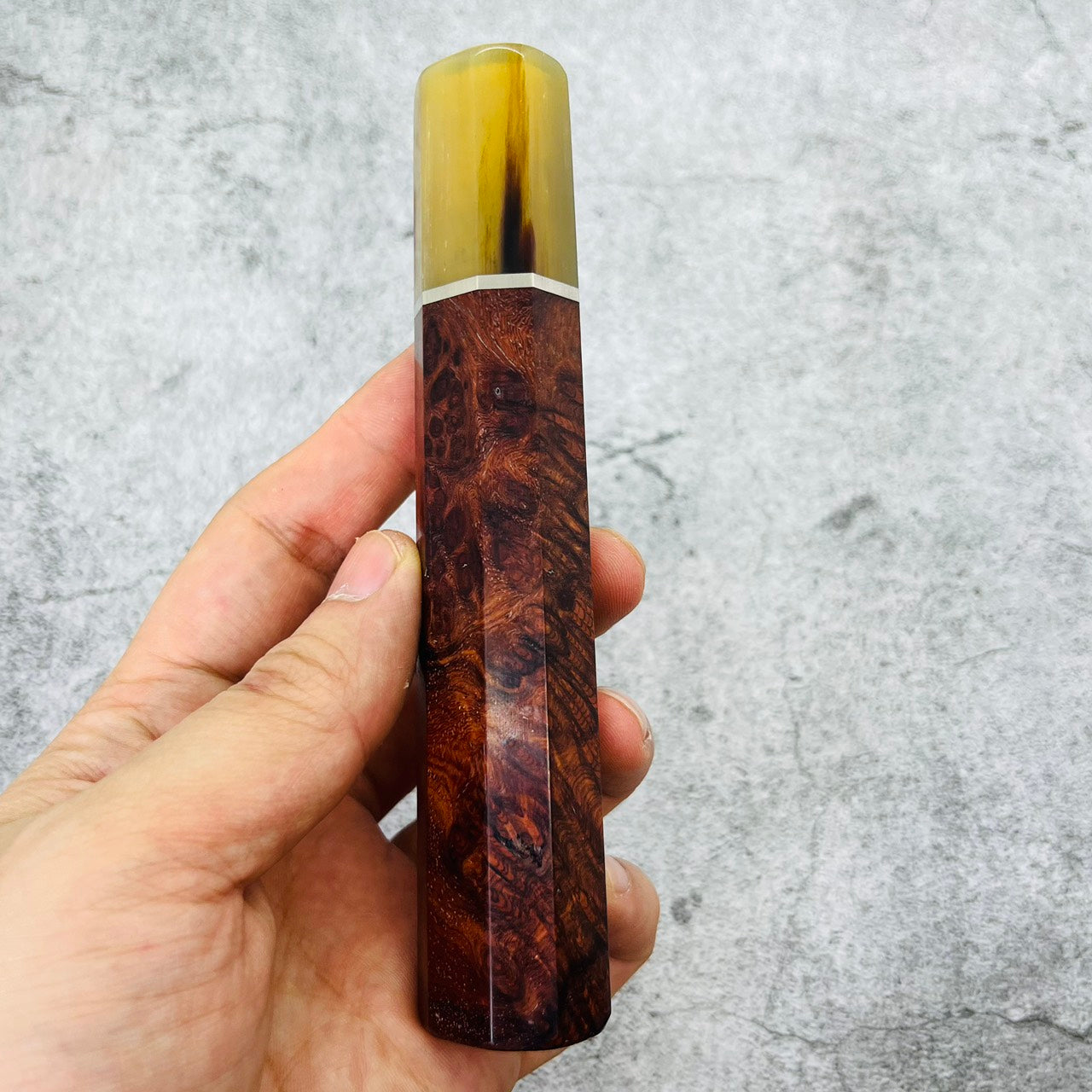 I-Deep red amboyna Wa handle with marble horn ferrule, nickel spacer 135mm
