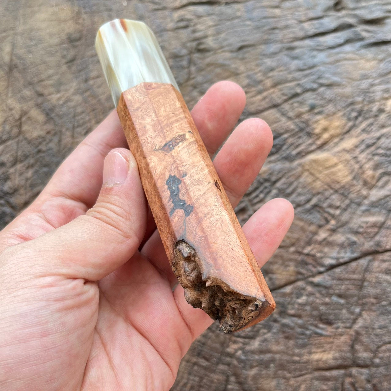 I- Burl Afzelia wa handle with marble horn ferrule and natural end cap - 135mm