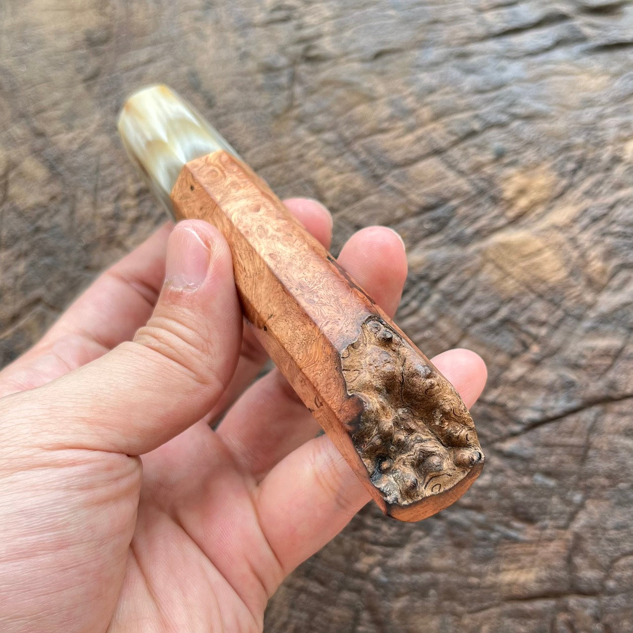 I- Burl Afzelia wa handle with marble horn ferrule and natural end cap - 135mm