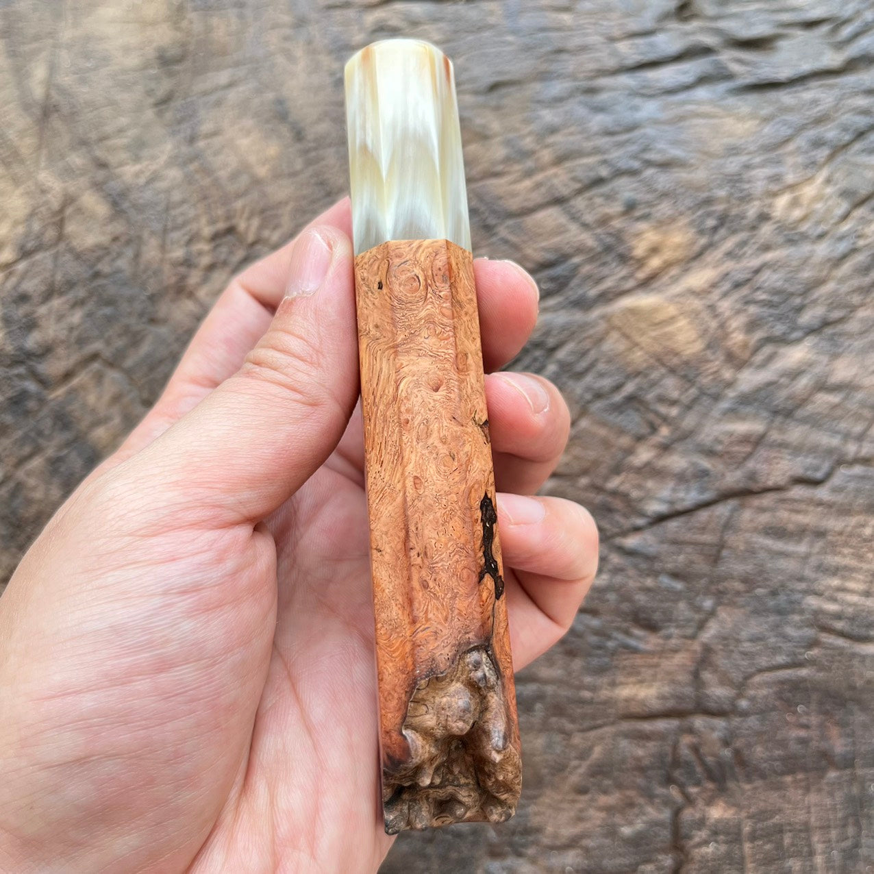 I- Burl Afzelia wa handle with marble horn ferrule and natural end cap - 135mm