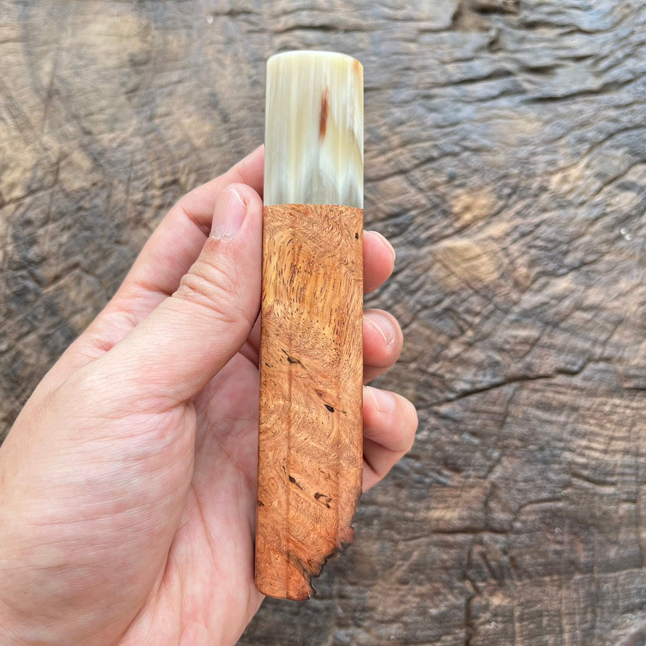 I- Burl Afzelia wa handle with marble horn ferrule and natural end cap - 135mm