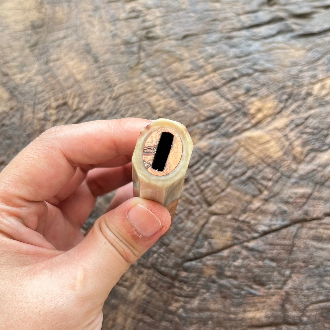 I- Burl Afzelia wa handle with marble horn ferrule and natural end cap - 135mm