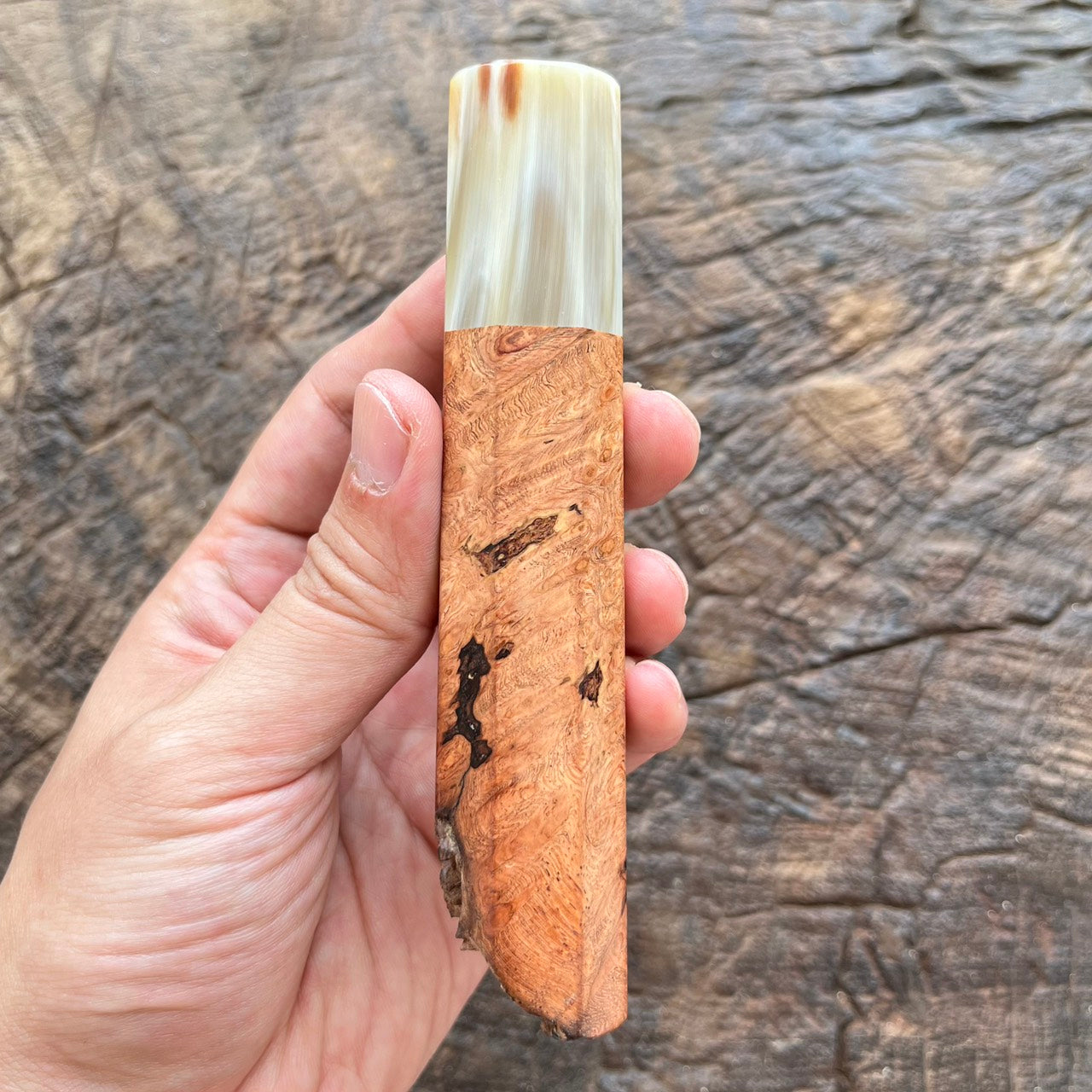 I- Burl Afzelia wa handle with marble horn ferrule and natural end cap - 135mm