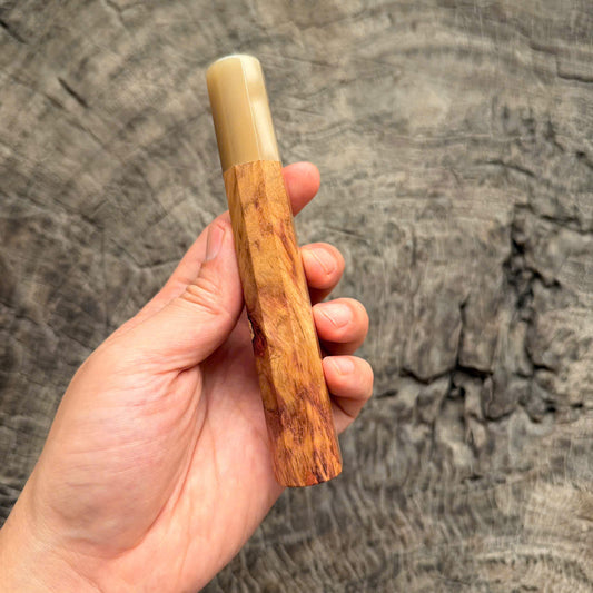 I - Rare, Root of Huanghuali wood Wa handle, Two tone Curly grain, Pure white horn ferrule, 140 mm handle (Copy)