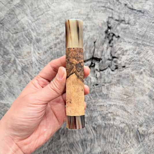 I - Slim Ebony burl Wa handle, Marble Horn Ferrule and End cap, 140 mm