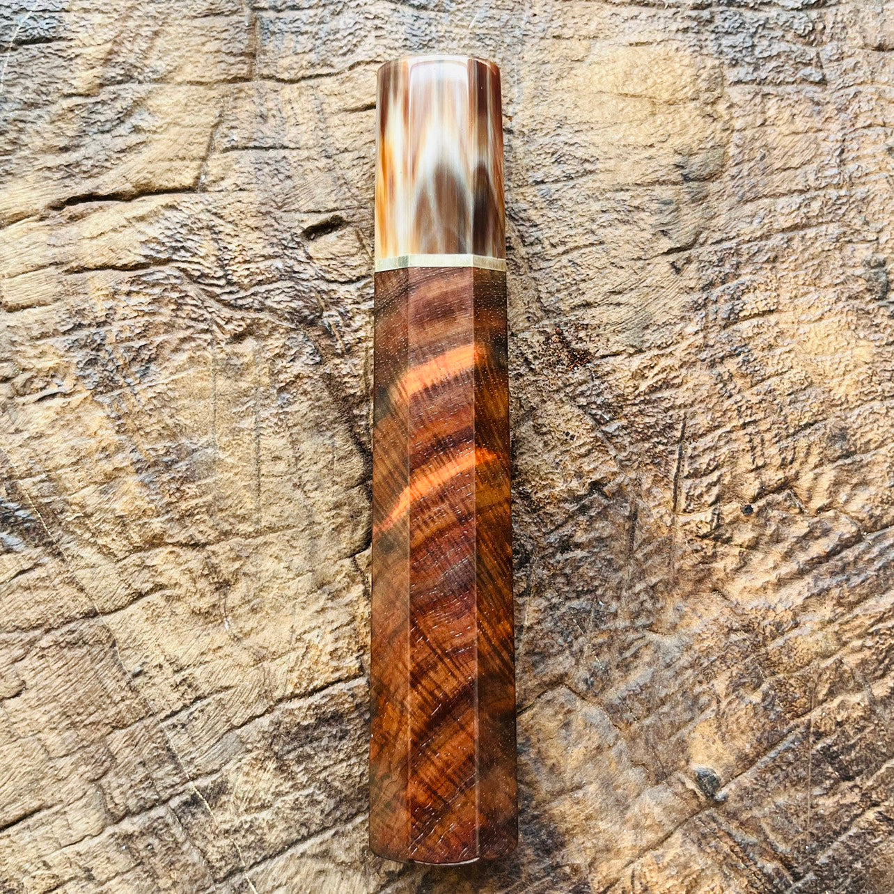 I- Rare Curly Black Red Siamese Rosewood Wa handle with marble horn ferrule, nickel ring - 140mm