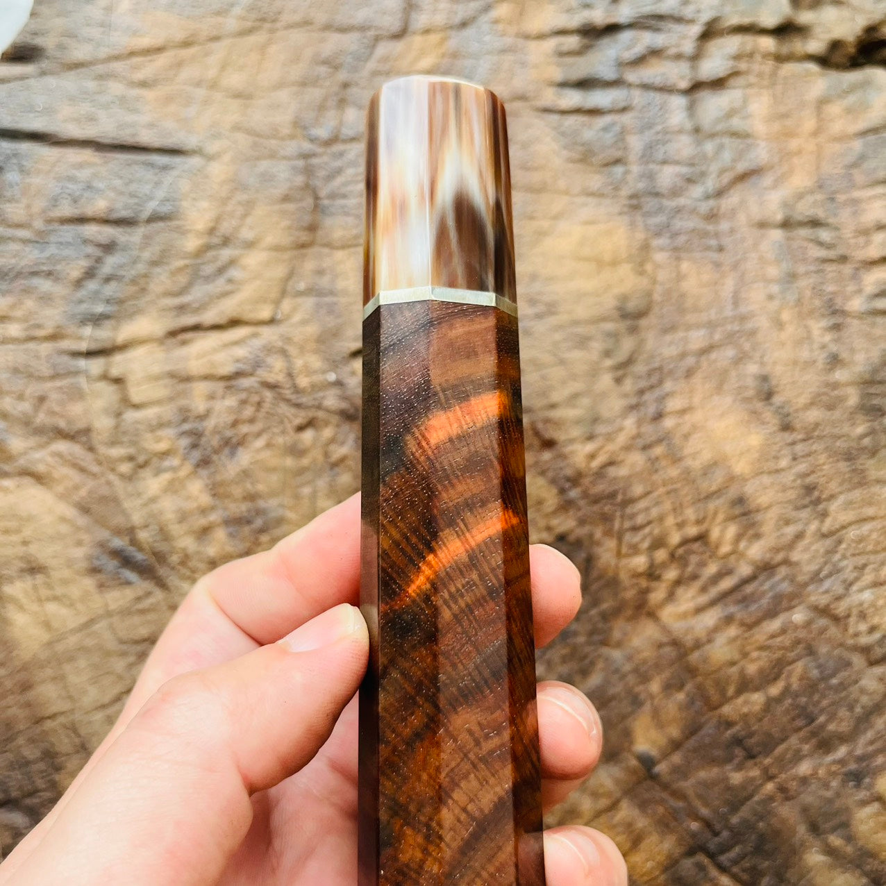 I- Rare Curly Black Red Siamese Rosewood Wa handle with marble horn ferrule, nickel ring - 140mm