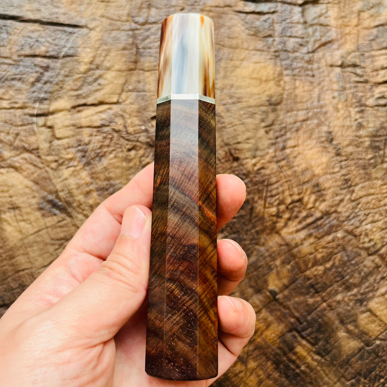 I- Rare Curly Black Red Siamese Rosewood Wa handle with marble horn ferrule, nickel ring - 140mm
