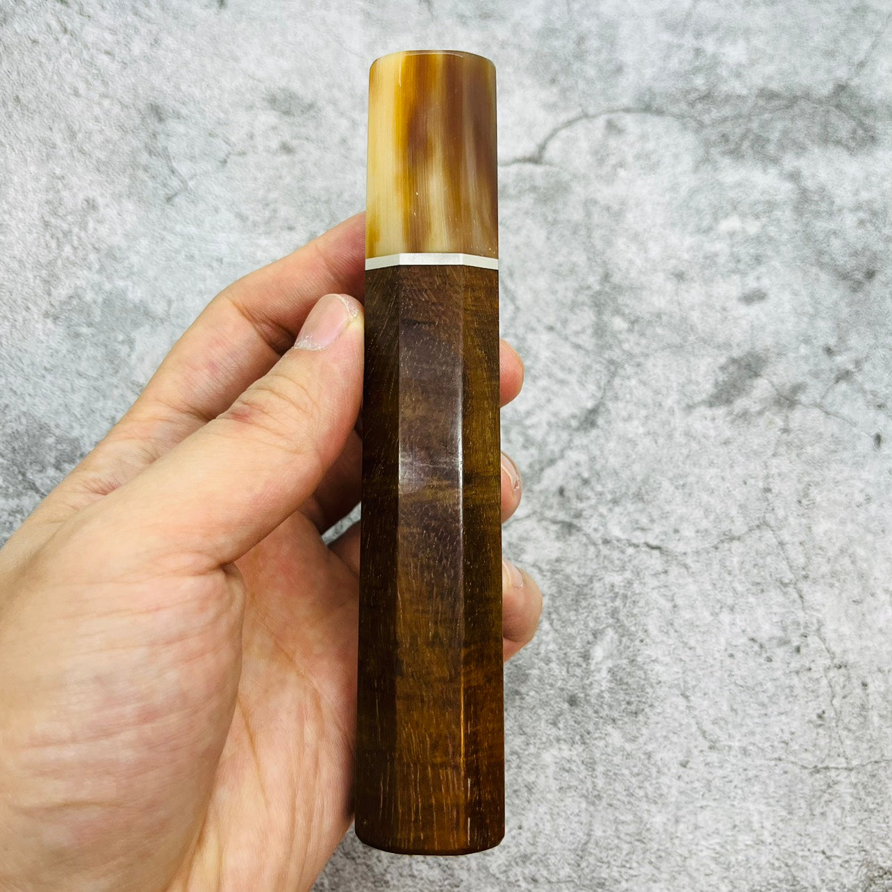 I- Coffee Curly Rosewood Wa handle with marble horn ferrule, nickel spacer- 140mm