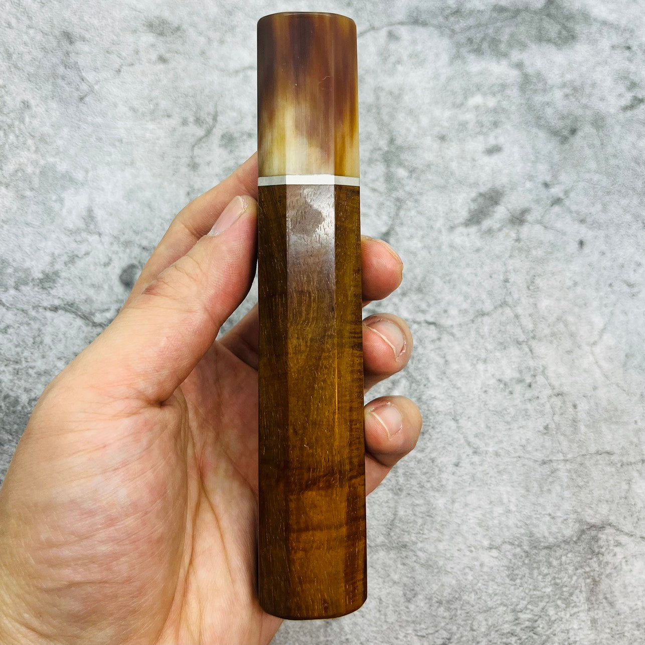 I- Coffee Curly Rosewood Wa handle with marble horn ferrule, nickel spacer- 140mm