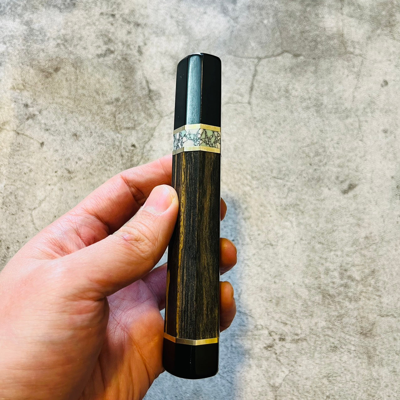 I- Black white ebony Wa handle with black horn ferrule and end cap, nickel and turquoise stone spacer 135mm