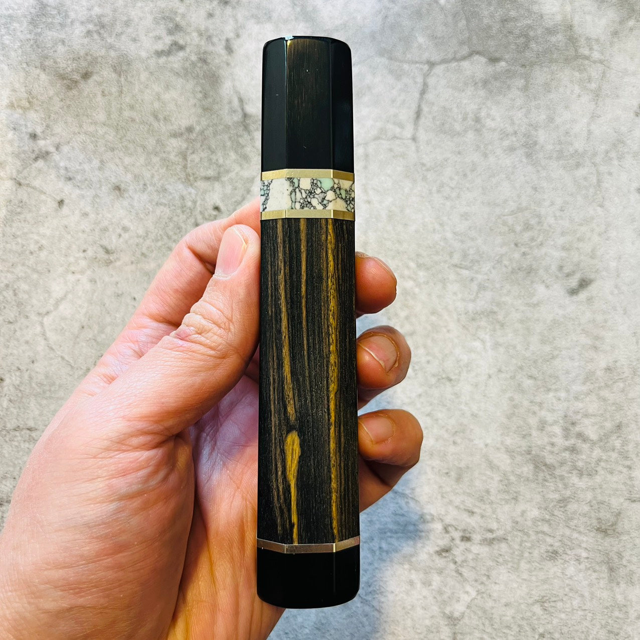 I- Black white ebony Wa handle with black horn ferrule and end cap, nickel and turquoise stone spacer 135mm