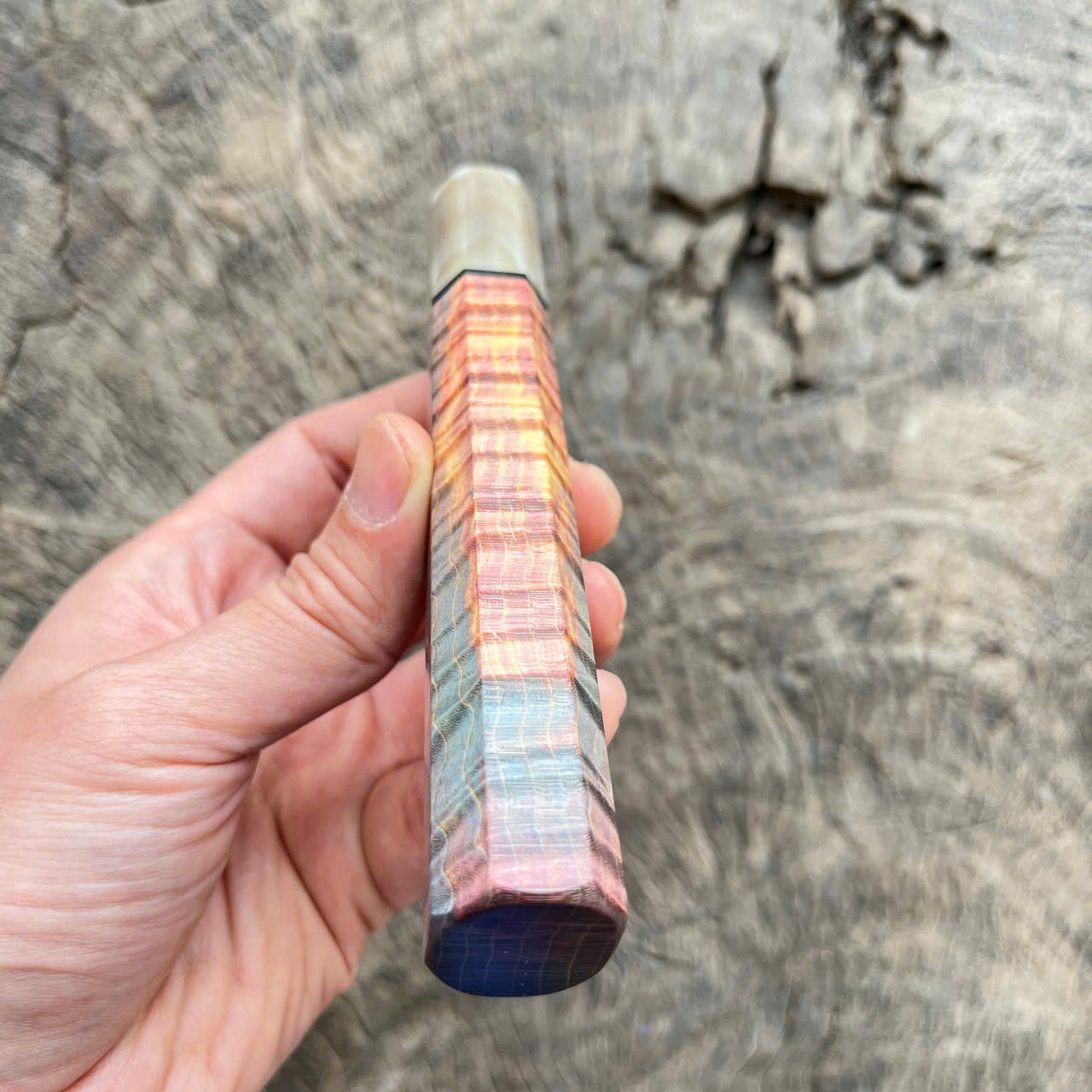 I -4 Stabilized curly wood Wa handle, Cream marble horn ferrule, black spacer, 145mm